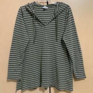 J. Jill Womens Long Sleeve Hooded Pullover Tunic Top Knit Cotton Striped Green M